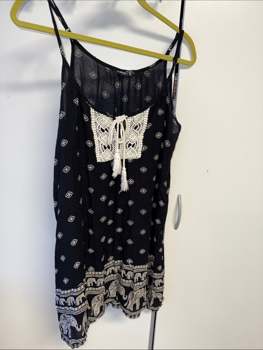 indulge Black Tank with Cream Crochet Front and Elephant Hem